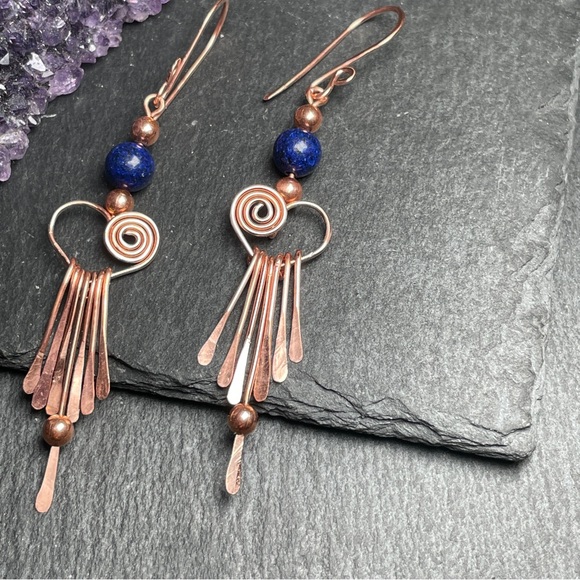 Genuine Blue Lapiz Lazuli Beaded Fringe Copper Earrings Artisan Designed - Picture 8 of 15